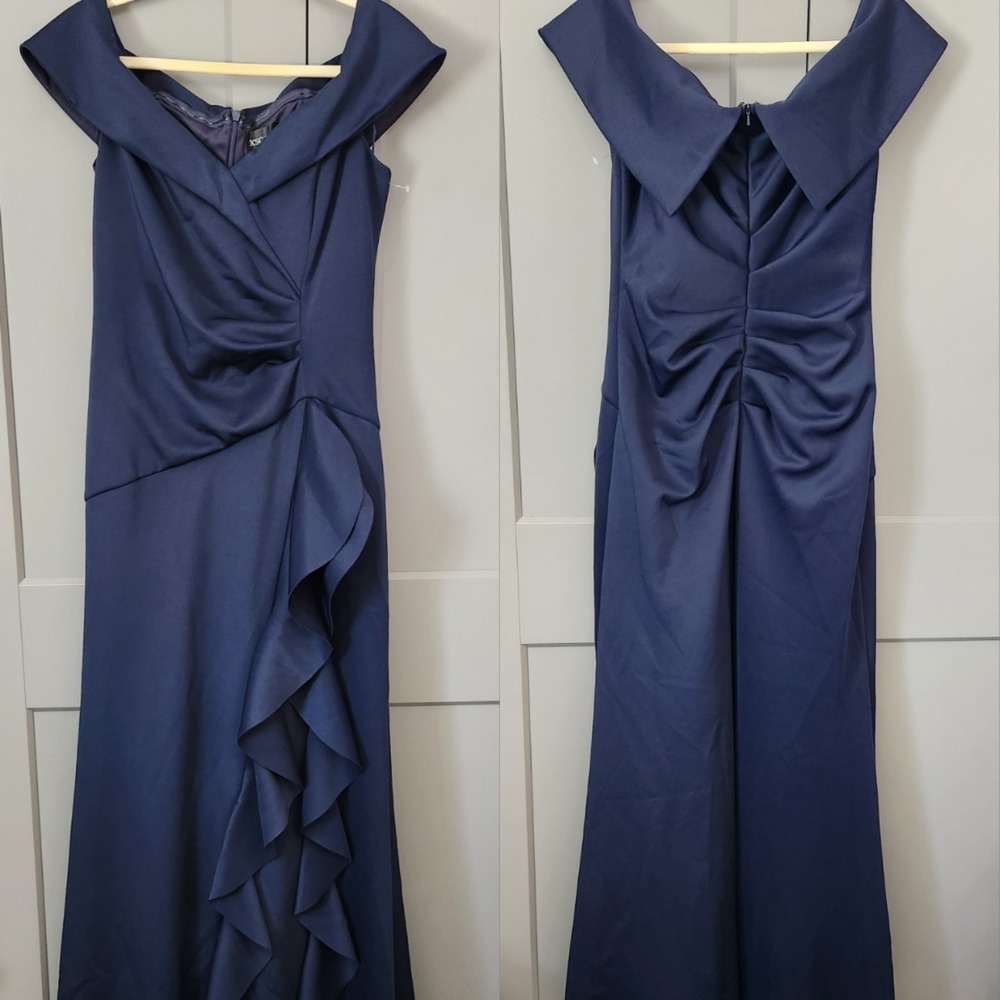Xscape Womens Off-the-Shoulder Evening Gown Ruching Draped Ruffle 16 Navy Blue